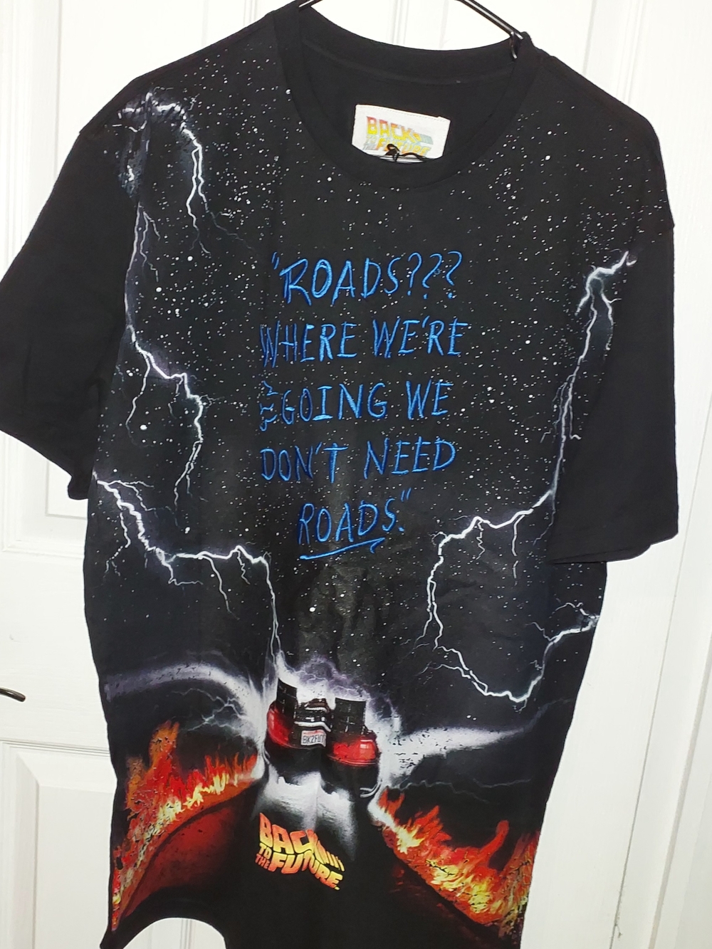 Back to the Future Men's Graphic Tee - Lightning & Flames Embroidered Wording